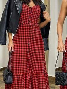 Women's Long Dress Viscose Plaid Lastex Back Straps Loose - Cuadros rojos - Ver 6