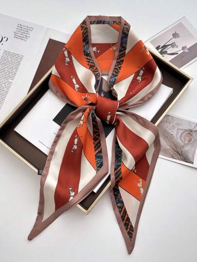 1pc Reversible Horse Chain Print Satin Scarf, Suitable For Dress, Shorts, Belt, Bag, Hat, Ribbon, Waistband