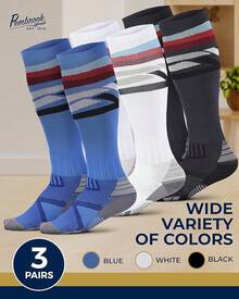 Pembrook 3 pares de calcetines de compresión de 20 a 30 mmHg - Calcetines de compresión para mujeres y hombres| correr, atletismo, viajes, enfermeras - Patrón de líneas (negro/blanco/azul) - 3 pares - Ver 6