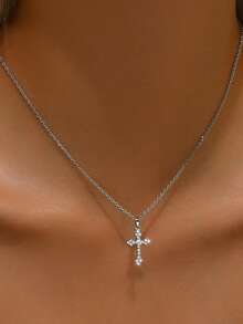 1 件简约几何十字架吊坠项链，镶嵌水钻和链条，适合女士，适合日常佩戴、派对、活动