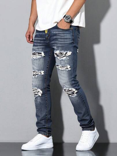  Logeqi® Hombres Jeans azules rasgados con lavado medio para hombre con parche de flor de anacardo vaqueros