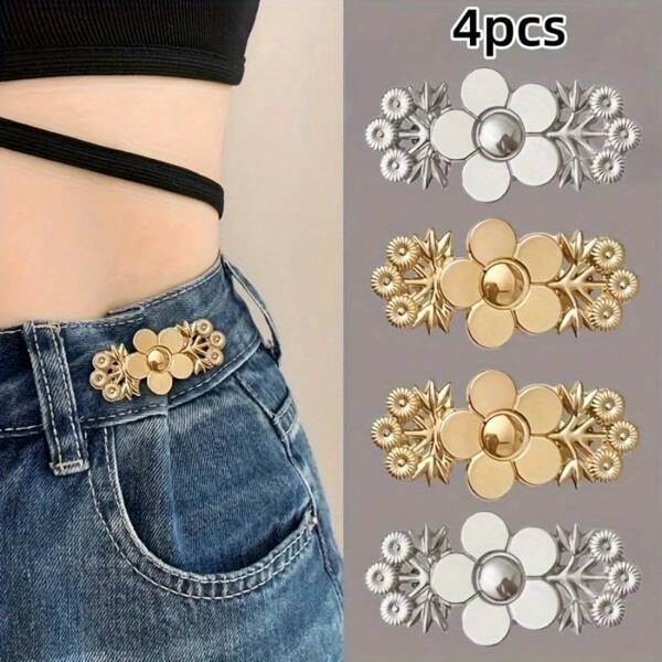4-Piece Floral Pattern Jeans Waist Belt Cinchers, Instant Snap Metal Adjusters, Removable Seamless Knit Design, Adjustable Belt Flower Buckle