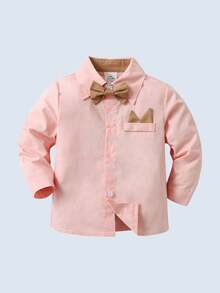 BOARNSEORL 2pcs Young Boys Gentleman Outfit - Long Sleeve Shirt With Bowknot And Khaki Suspender Pants, Stylish & Outfit For Birthday Party, Wedding, Formal Occasions - 卡其色 - 查看 7