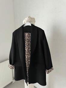 大码女式豹纹印花撞色内衬长袖休闲西装外套，适合工作和通勤，秋冬春季黑色 - 黑色 - 查看 1
