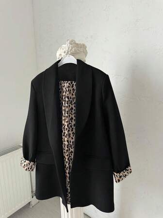 Plus Size Women Leopard Print Lining Contrast Color Long Sleeve Casual Blazer Jacket, Suitable For Work And Commute, Autumn/Winter