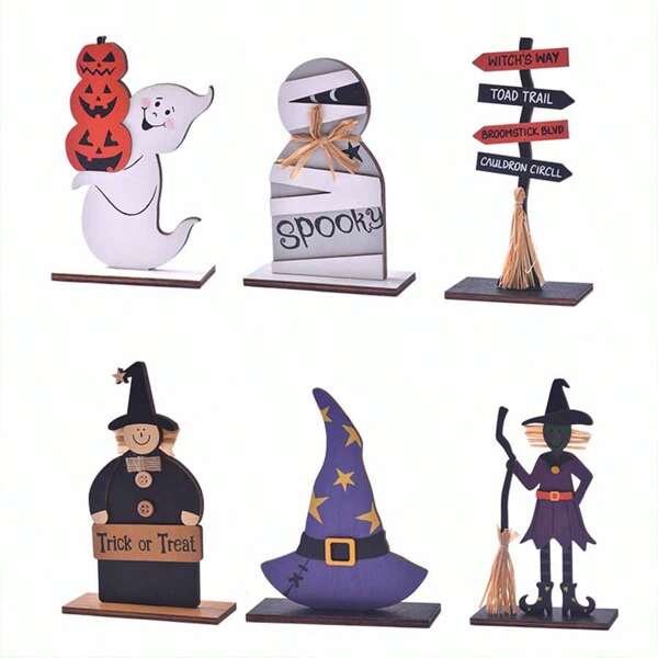 1 Pc Halloween Ghost Witch Wooden Table Sign Vintage Decoration Centerpieces Standing Tabletop Desk Tiered Tray Decor For Party