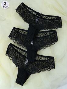 3pcs/Set Sexy Lace Thong Panties, Low Waist For Women