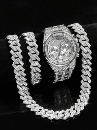 3 件嘻哈珠宝 14 毫米水钻链项链套装，男女款冰石英手表和手链，时尚珠宝套装，适合送礼