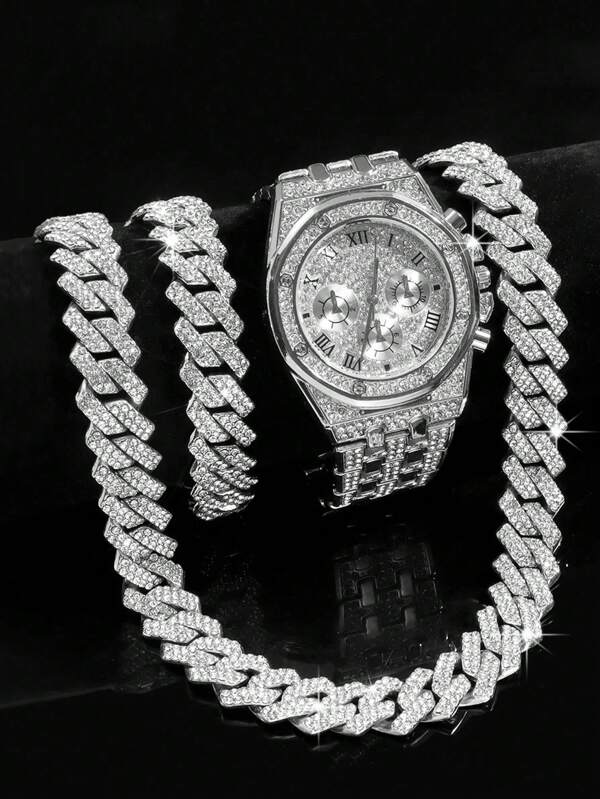 3pcs Hip Hop Jewelry 14MM Rhinestone Cuban Chain Necklace Set, Men's And Women's Ice Quartz Watch And Bracelet, Fashion Jewelry Set For Gifts