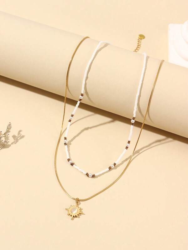 1pc Women Multi-Layer Natural Stone Bead Necklace With Pink Pendant, Suitable For Dating & Travelling, Summer Accessory