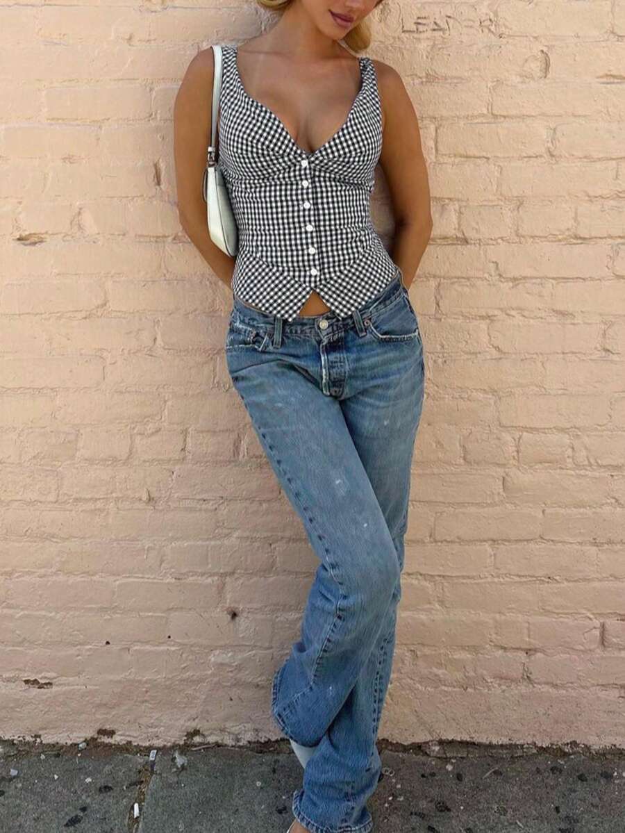 Áo tank top không tay cài nút họa tiết kẻ caro dành cho nữ, kiểu dáng thường ngày mùa hè, màu đen cho kỳ nghỉ. - màu đen - Xem 1