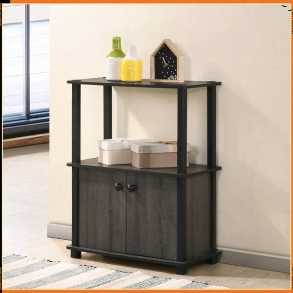 3-Shelves Floor Shelf Self-Standing, Lower 2-Door Cabinet Section, Woodgrain Finish, No Tools Required For Assembly