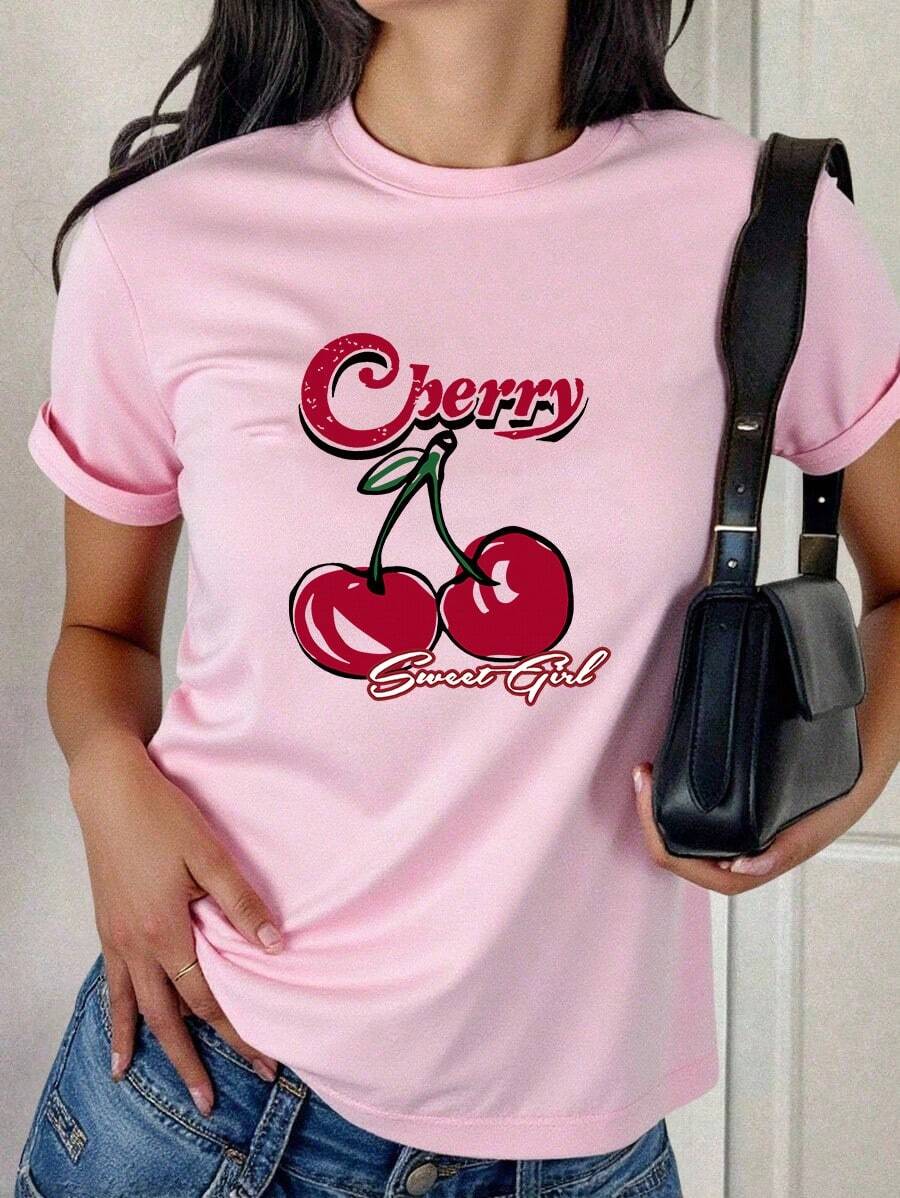 Camiseta de Manga Corta con Cuello Redondo y Estampado de Cerezas - Rosa - Ver 1