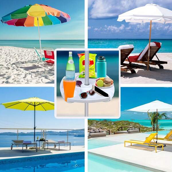 1pc Beach Umbrella Tray With White Plastic Material, Includes 4 Cup Holders And 4 Snack Bars, Suitable For Beach, Outdoor Patio, Garden, Or Pool Use,Outdoor Organizerfor Cups, Phones, Fashion Glasses- DurablePlastic With Umbrella Slot, Portable ForPoolside,Picnics,Travel Accessories, PicnicEssentials, Functional Storage, SturdyConstruction,Vacation EssentialsTem!