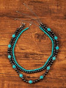 Vintage Beaded Necklace, Retro Western Style Turquoise Necklace Suitable For Women, Handmade Multilayer Beaded Jewelry Set Of 3, Versatile Accessory - Multicolor - View 3