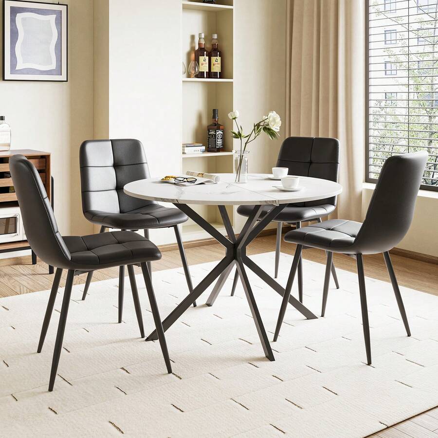 Dining Table And Chairs Set Of 2, Folding Round Dining Table With 4 PU Leather Chairs For Dining Room,Kitchen,Living Room - 白桌+4PU黑色椅 - 查看 1