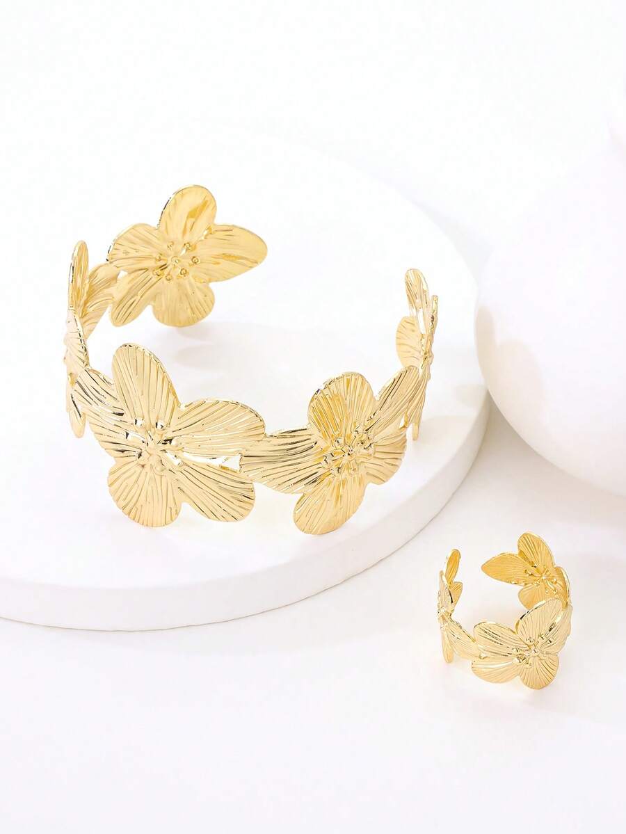 1 套复古叶子和花卉设计时尚手镯和戒指，现代简约风格