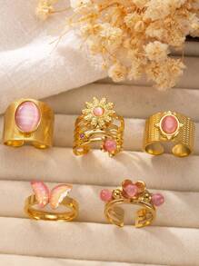 5 件复古不对称猫眼蝴蝶不锈钢可调节戒指套装，适合男女，适合节日、婚礼、订婚、约会、日常佩戴 - 金色 - 查看 3