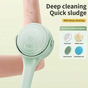 1-Piece Dual Handle Electric Shower Brush, Waterproof Design, Features Both Single-Handle And Dual-Handle Modes, Comes With 4 Replaceable Brush Heads And A Built-In 1200mAh Battery, Easily Cleans Back, Legs, Face, And Other Body Parts, Suitable For Home Bathing, Beaches, Hotel Stays, And Travel Use, An Ideal Gift For Both Men And Women.