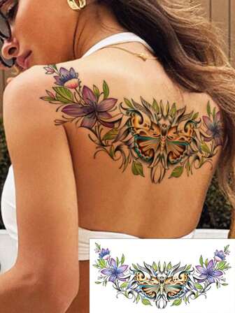 1pc Extra Large Sexy Vintage Butterfly Pattern Temporary Tattoo Sticker, Lasts 1-2 Weeks, Waterproof And Easy To Use, Suitable For Women's Chest, Waist, Legs, Lower Back, Matte Finish, Waterproof Faux Tattoo, Gift For Couples, Friends, Perfect For Parties, Beach, Travel, Music Festivals