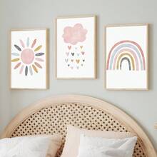 3pcs Art Deco Canvas Wall Art Set - Modern Minimalist Sun, Cloud, Rainbow & Heart Prints - Spring Season Indoor Posters For Living Room, Bedroom, Classroom - Frameless Portrait Orientation Artwork