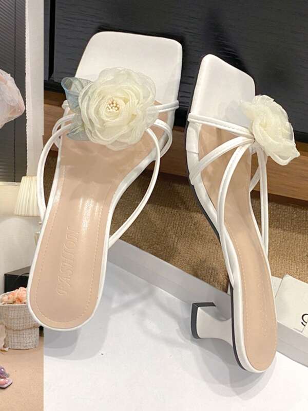 Purple Floral High Heel Mules Elegant Summer Slippers Women's Open Toe Rose Flower Decor Platform Sandals