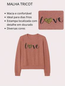 Fleece Blouse With Cuffs And Love Print, Warm Winter - 棕色 - 查看 4