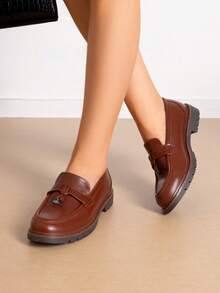 Women Flats Loafers, Chunky Heel, Slip On, Round Toe Loafer, Comfortable Dressy Casual Business Office, Commute Dress Shoes - 棕色 - 查看 5