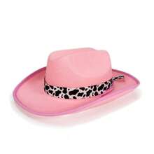 Western Cowgirl Hat For Kids Girl Boy Wide Brim Felt Vintage Fedora Cap With Cow Print Decorative Band - 粉色 - 查看 2
