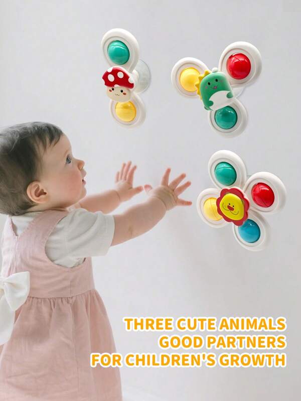 3 Pcs Suction Cup Rotating Silicone Pushable Toys, Baby Toys, Baby Essentials, Rotating Toys For 1-3 Year Old Toddlers, Baby Toys, Bath Toys, Sensory Toys, Early Education Toys, Bath Toys, Dining Chair Toys, Suitable For Baby's Daily Use