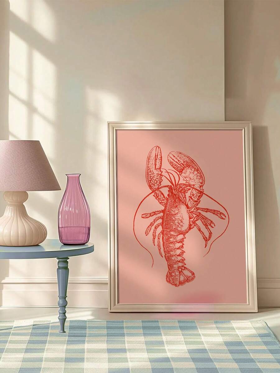 1 件鲜艳的红色龙虾帆布艺术印刷品 - 海洋生物插图，无框海洋海鲜墙饰，适用于厨房、客厅、卧室、室内/室外使用，龙虾装饰
