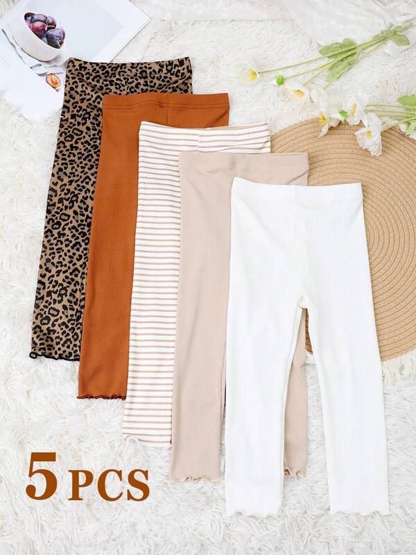 5 piezas Mallas cortas acanaladas verticales para niños, pantalones con volantes acanalados verticales de ajuste ceñido, aptos para primavera, otoño y todas las estaciones