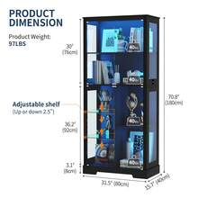 HNEBC Display Cabinet With Glass Doors,70'' Curio Cabinet With Adjustable Glass Shelf, 4-Tier Display Cases With 3 Color Lights For Collectibles, Storage Cabinets With Human Body For Books,Toys - màu đen - Xem 4