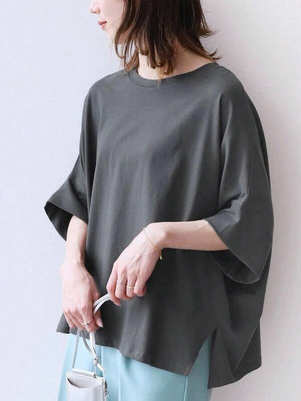 Women's T-Shirts, Japanese And Korean Style Plain T-Shirts, Short Sleeve Pullovers (With Side Slits), Simple Loose Fit Tops, Perfect For Layering In Spring And Summer, Machine Washable, For Both Office And Casual Wear