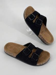 Men Casual Solid Color Buckle Flat Slide Sandals, Black Sandals, White Slippers, Men's Summer Sandals, Couples Shoes, Women Sandals And Slippers, Platform