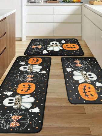 1 Stück 15,74"X23,62", 19,68"x31,49", 15.74", X47,24" Halloween Geist Kürbis Thema dekorative Bodenmatte. Süße Geister, Kürbis und Fledermäuse Halloween Elemente, schwarzer Hintergrund mit orangen Akzenten, geeignet für Eingangsbereich, Küche