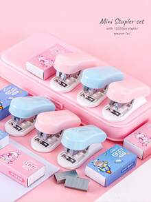 1 Set Pastel Color Mini Stapler With Staples, Lightweight And Convenient, Metal Binding, Suitable For File And Paper Organization, Ideal For Office, Study And Back To School Use - Multicolor - View 3