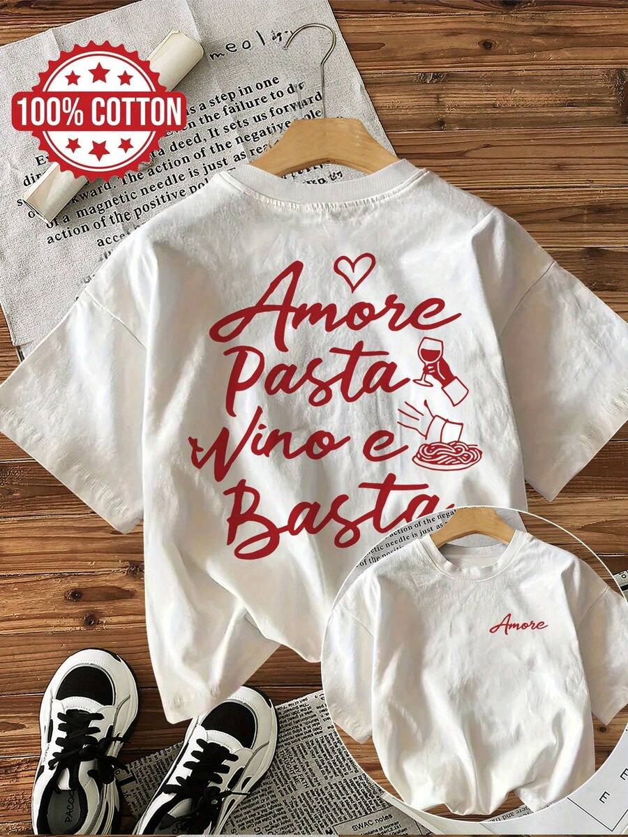 [Double-Sided Printing Front And Back] Simple Style Food Elements Text Amore Pasta Vino E Basta Pure Cotton Short Sleeve Crew Neck T-Shirt - 白色 - 查看 1