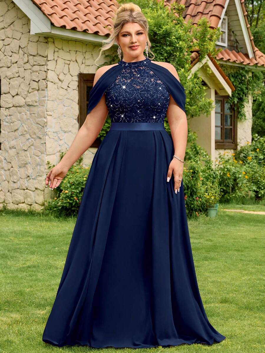 Plus Halter Neck Sequin Floral Lace Cutout Shoulder Cape Sleeve Contrast Chiffon Pleated Hem Formal Party Dress Prom Wedding Guest Gown, For Graduation, Dinner - 藏蓝色 - 查看 1