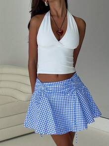 Women Ruched Gingham Skirt Low Rise Tie-Up Bow A-Line Mini Ruffle Skirt Casual Summer Streetwear - Blue - View 1