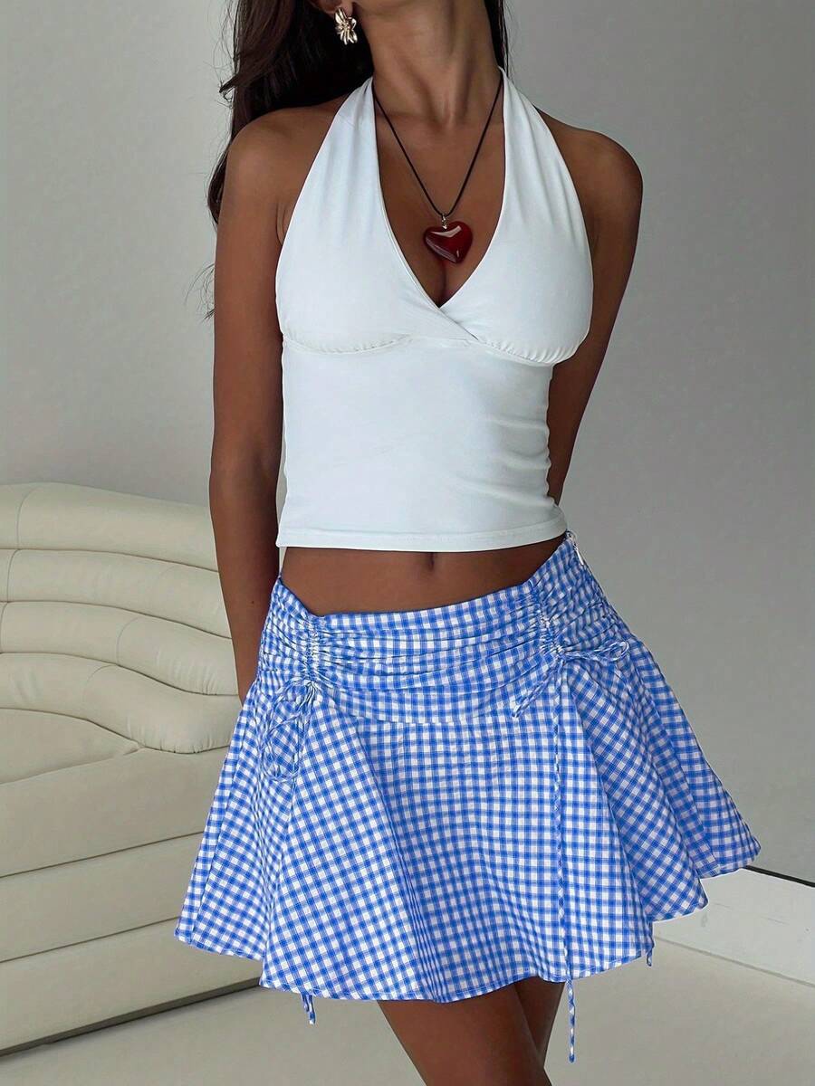 Women Ruched Gingham Skirt Low Rise Tie-Up Bow A-Line Mini Ruffle Skirt Casual Summer Streetwear - Blue - View 1
