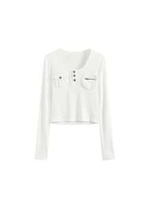Atasan Rajut Wanita Warna Polos dengan Kantong, Sweater Lengan Panjang Pas Badan, Pakaian Kasual Musim Semi Serbaguna Warna Putih - Putih - View 7