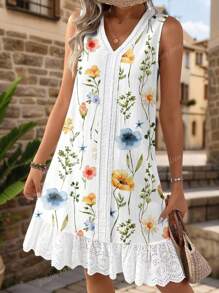 Vestido de verano para mujer con cuello en V, estampado floral en parches, sin mangas, adecuado para uso casual diario y vacaciones al aire libre