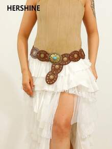 Hershine Cinto feminino estilo country boho chic, com fivela oval em bronze com detalhes em turquesa e patchwork floral em bronze. Ideal para usar com vestidos, saias, no trabalho e em viagens. - Castanho - Ver 8