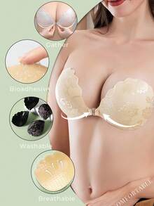 1 件蕾丝隐形聚拢文胸 - 无肩带自粘式提升文胸，带透明肩带，可重复使用粘性乳贴，适用于婚纱、连衣裙和礼服 - 杏色 - 查看 4