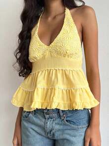 Women's Y2K Lace Halter Tops Floral Embroidered Sleeveless Ruffled Hem Tiered Flowy Crop Tank Tops Summer Backless Boho Layered Camisole Vest Shirts Going Out Tops Aesthetic Clothes Party Beach Vacation Streetwear - 黃色 - 查看 1