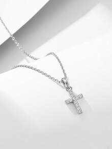 1 Pc Simple & Elegant Silver-Tone Cross Pendant Necklace With Rhinestones, Delicate Design Suitable For Everyday Wear, Choker Style - Silver - View 3