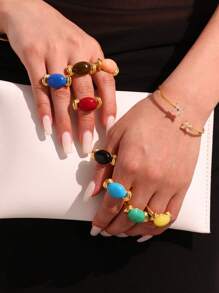 1pc Oval Resin Ring, Stainless Steel Fashion Personalized Ring, Women's Stainless Steel Ring, Women's Accessories, Summer Ring, Jewelry Gift, Beach Resort Ring