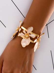 1 pieza Brazalete abierto con floral esmaltado, minimalista y elegante para mujer, versátil para usar a diario