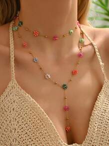 1pc Summer 2025 New Colorful Crystal Flower Decor Y-Shaped Titanium Steel Beaded Necklace, Suitable For Beach, Vacation, And Casual Occasions